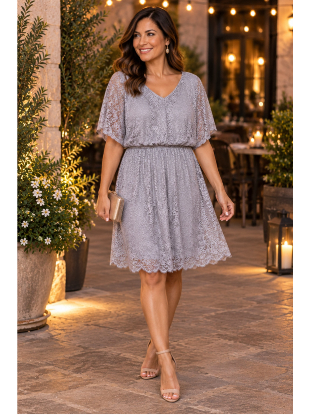 Alfani Gray Lace Overlay Dress Womens Large Blouson Sheer Sleeve Scalloped Hem
